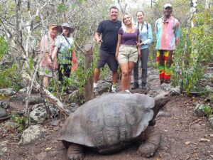 tourists with giant tortoise