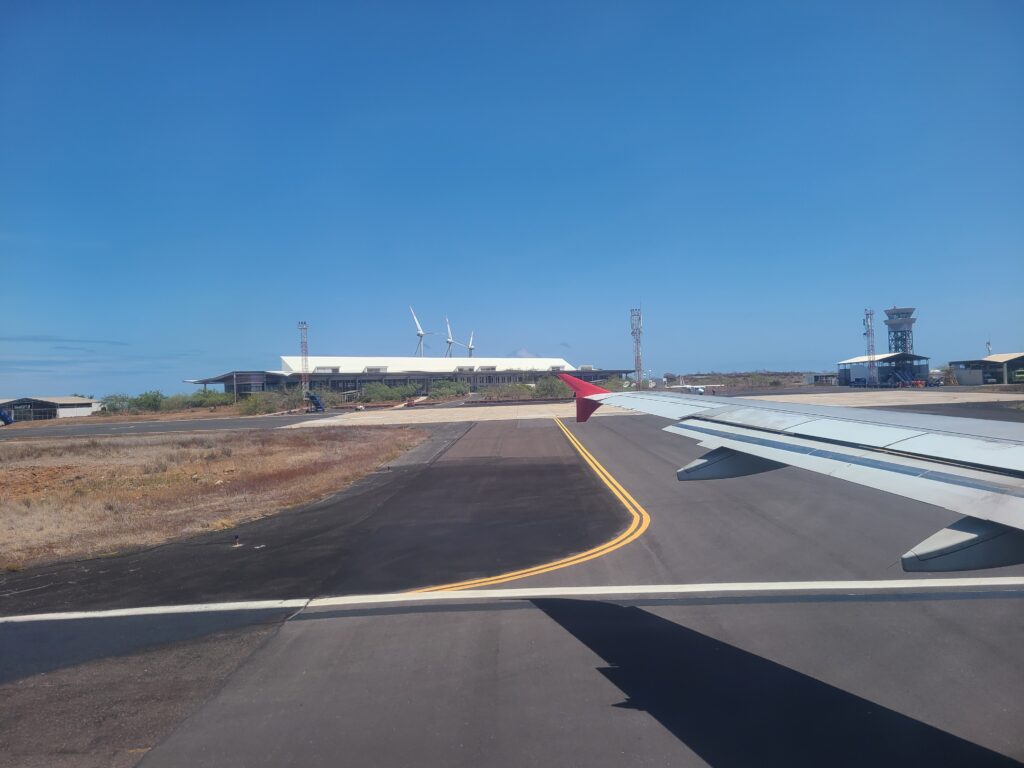 view from plane on arrival at Galapagos Baltra airport GPS