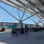 Lobito buses lined up in front of Baltra airport