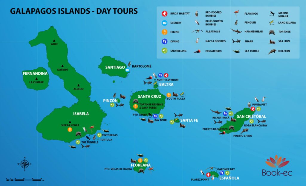 map of galapagos showing day trip destinations